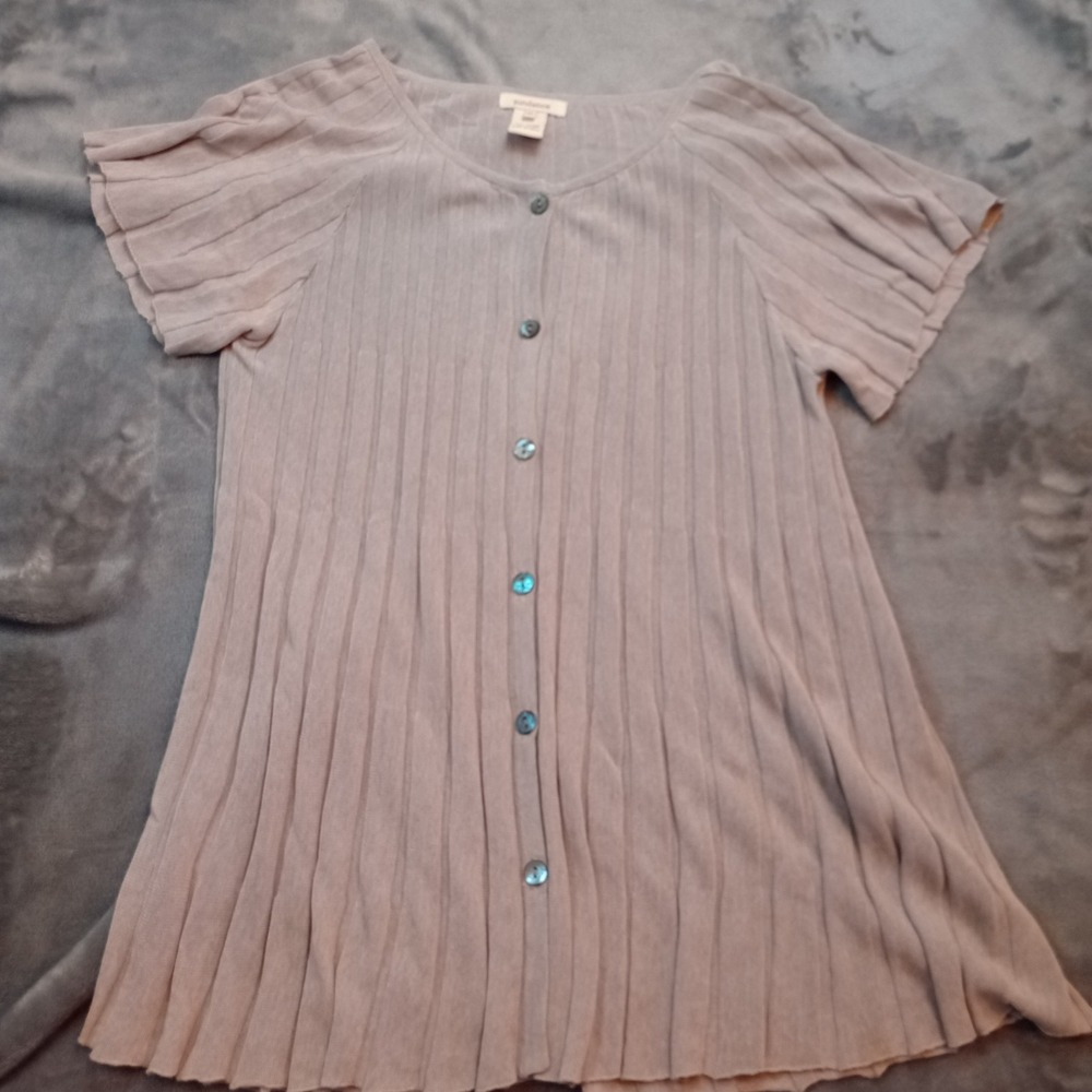 Sundance Shirt Womens Sz M Beige Gray Button Front Rib‎ Knit Stretch Top Blouse